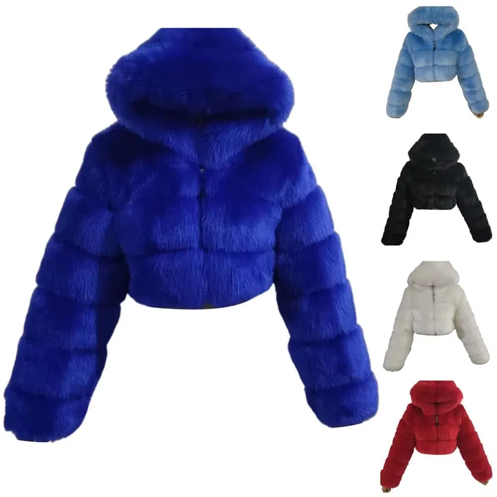 828Sale Women Fashion Winter Faux Fur Cropped Coat Fluffy Zip Hooded Warm Short Jacket 2020 Winter Top Fashion Women Mink Coats