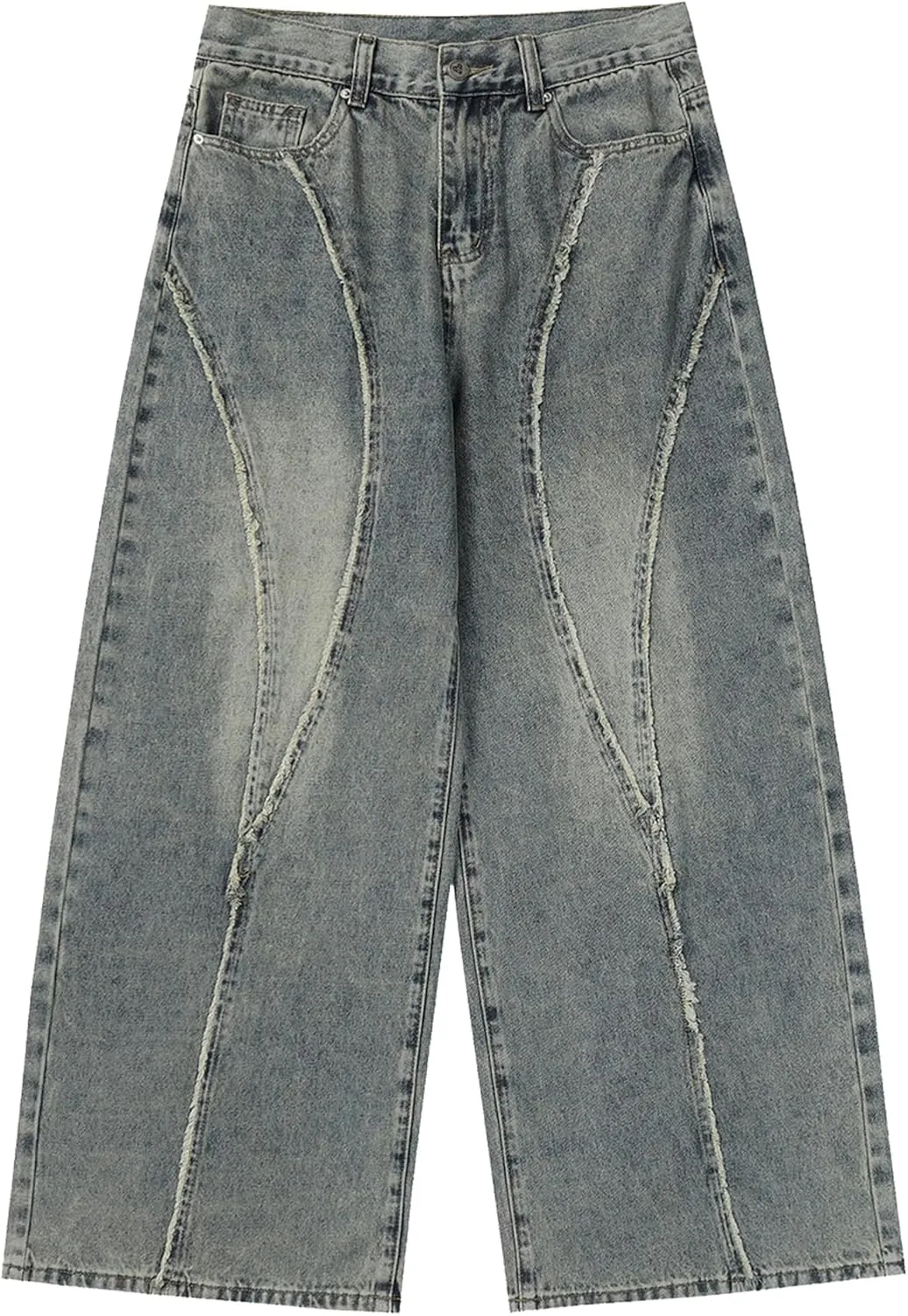 Aelfric Eden Mens Jeans Fringe Patchwork Loose Fit Jean Pants Casual Unisex Wide Leg Y2k Vintage Denim Pant Streetwear