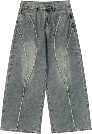 Aelfric Eden Mens Jeans Fringe Patchwork Loose Fit Jean Pants Casual Unisex Wide Leg Y2k Vintage Denim Pant Streetwear