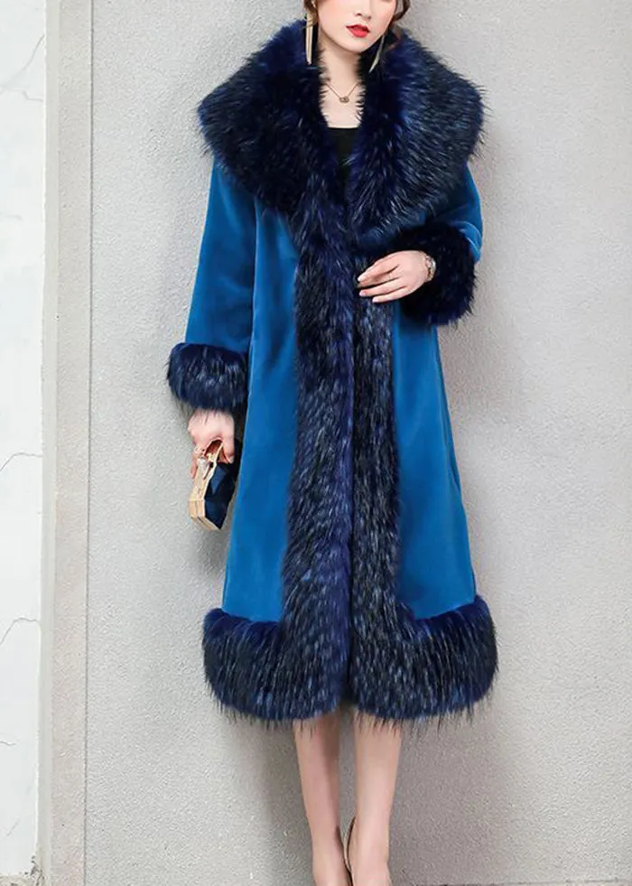 Blue Warm Faux Fur Long Coats Fur Collar Silm Fit Winter LY9438