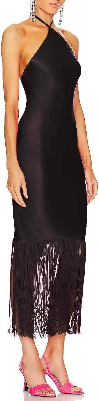 JLCNCUE Women Halter Neck Bodycon Midi Dress Fringe Hem Party Dress Sleeveless Open Back Tassels Evening Gown 262