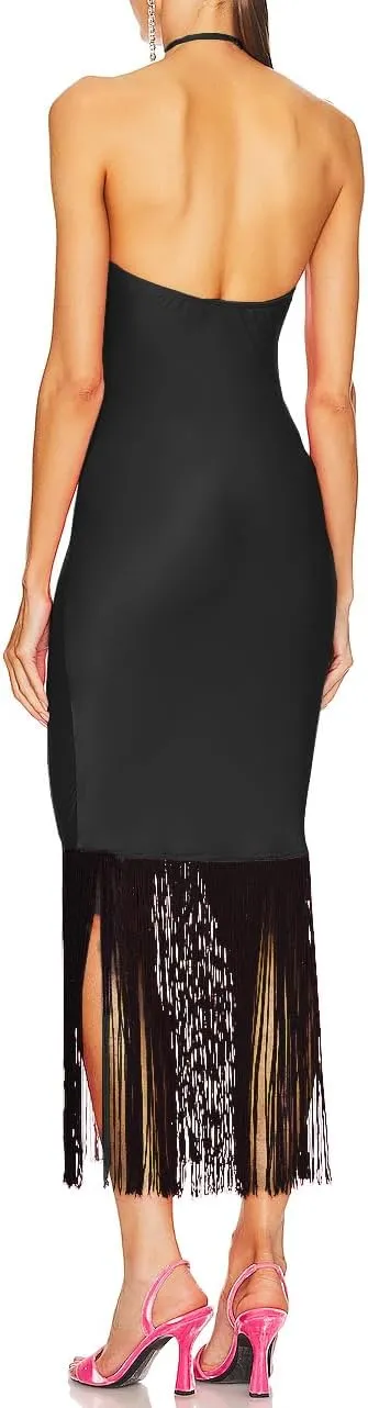 JLCNCUE Women Halter Neck Bodycon Midi Dress Fringe Hem Party Dress Sleeveless Open Back Tassels Evening Gown 262