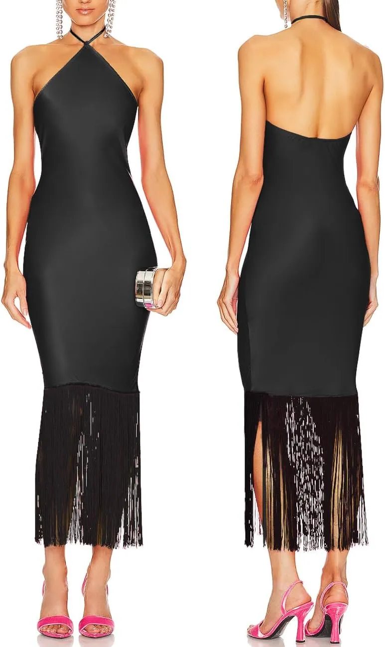JLCNCUE Women Halter Neck Bodycon Midi Dress Fringe Hem Party Dress Sleeveless Open Back Tassels Evening Gown 262