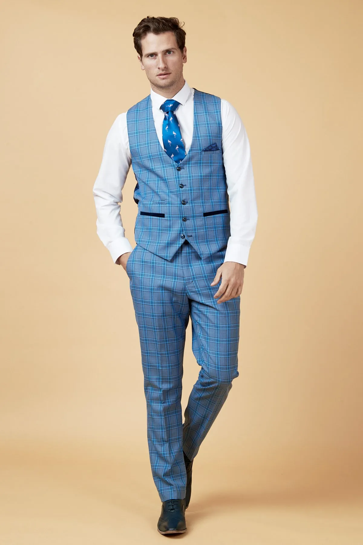 JOSE - Sky Blue Check Single Breasted Waistcoat