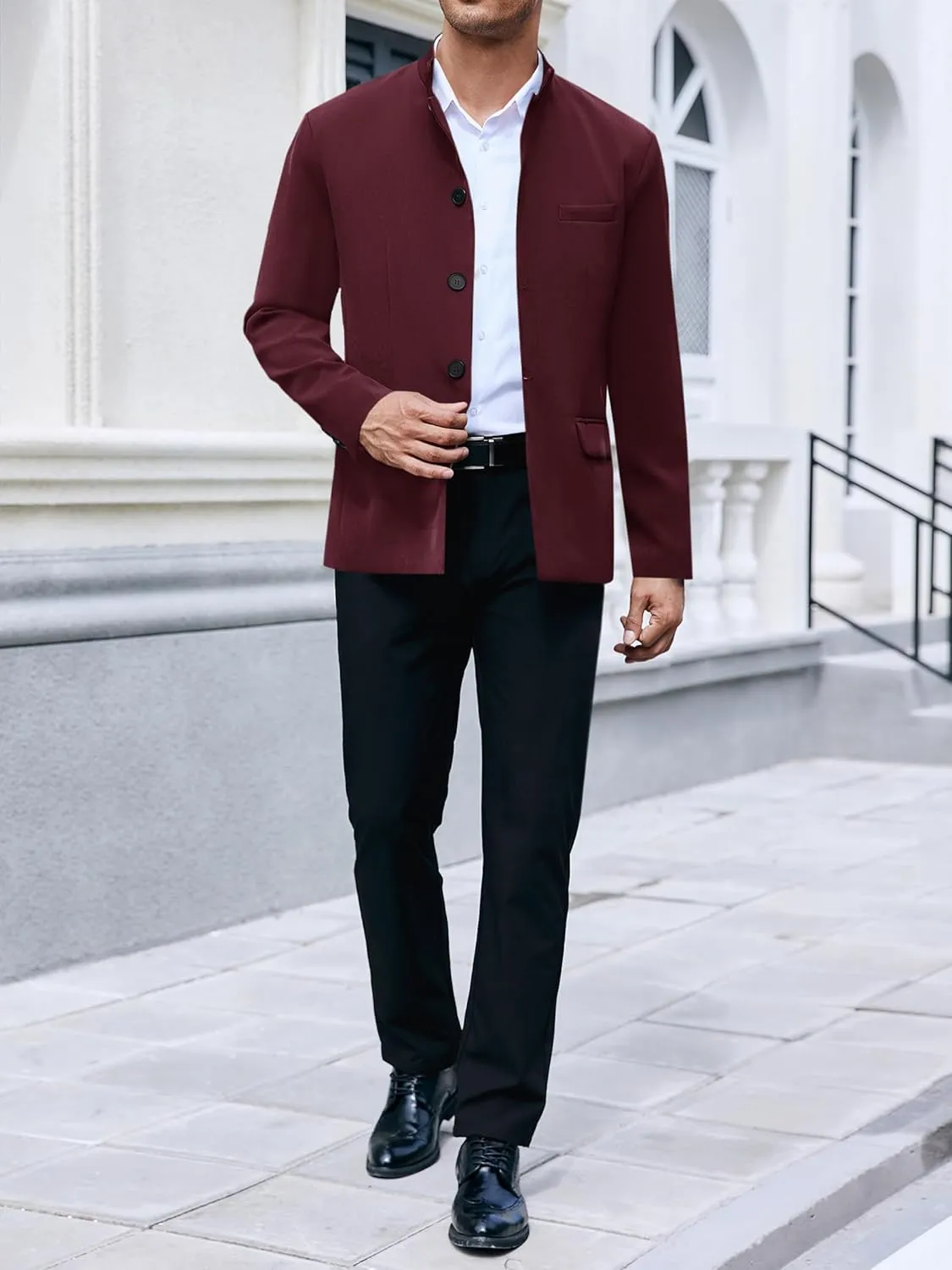 Mens Casual Suit Blazer Jackets Stand Mandarin Collar Lightweight Lined Business Dress Sport Coats