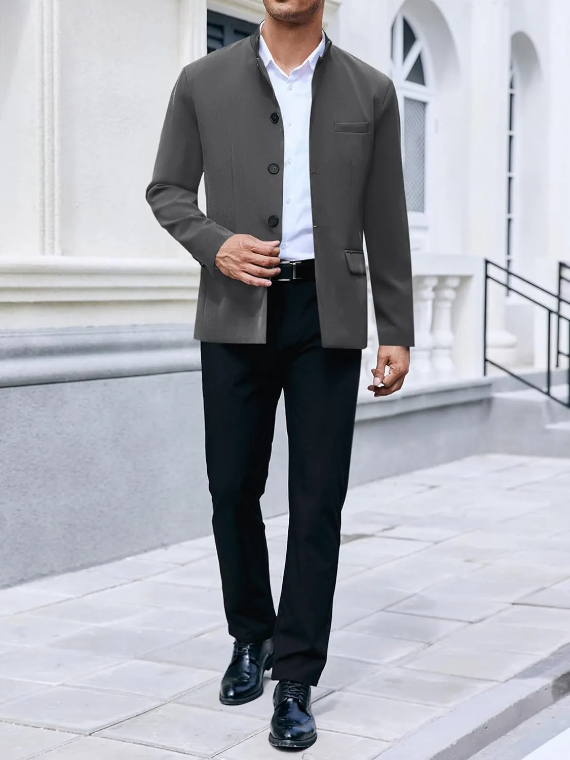 Mens Casual Suit Blazer Jackets Stand Mandarin Collar Lightweight Lined Business Dress Sport Coats