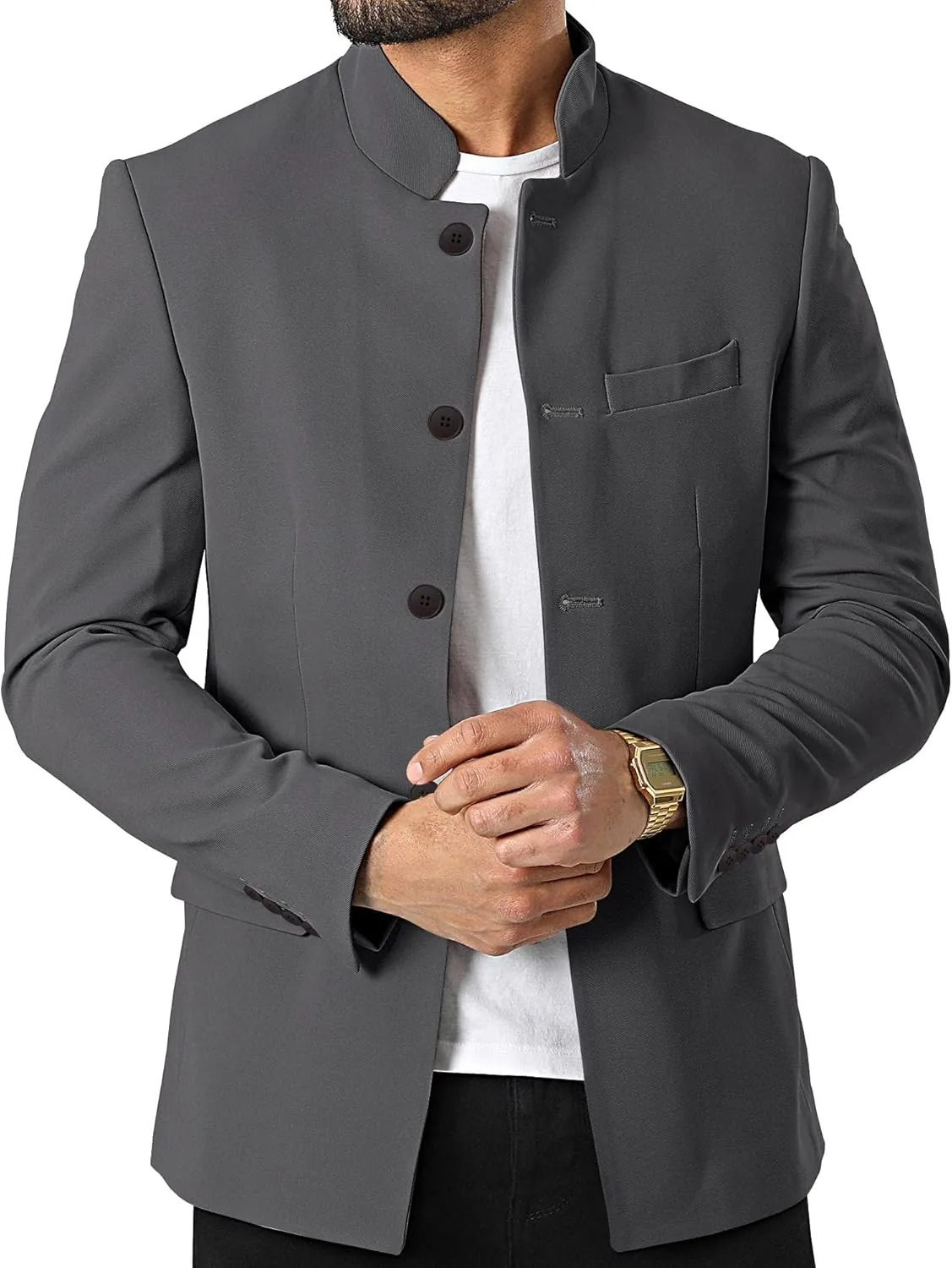 Mens Casual Suit Blazer Jackets Stand Mandarin Collar Lightweight Lined Business Dress Sport Coats
