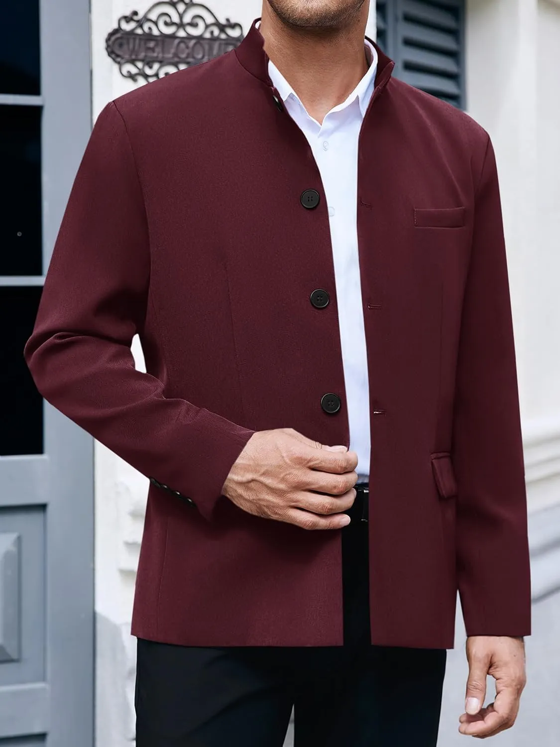 Mens Casual Suit Blazer Jackets Stand Mandarin Collar Lightweight Lined Business Dress Sport Coats