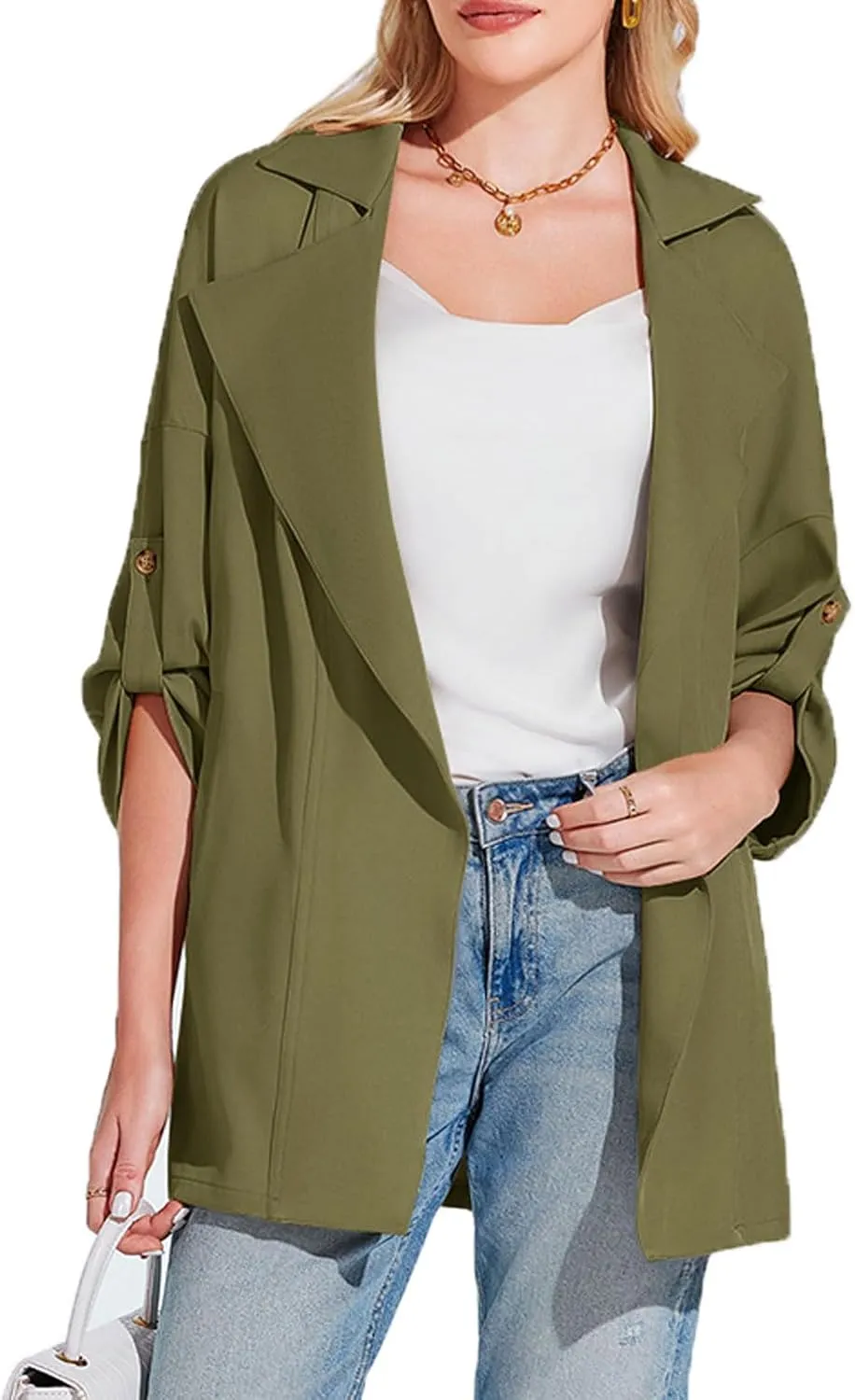 Onedreamer Women's Long Sleeve Roll Up Open Front Casual Jackets Trendy Lapel Collar Lightweight Blazer with Pockets