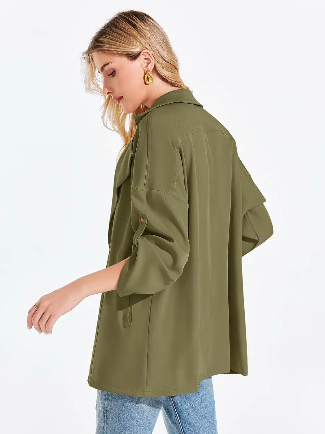 Onedreamer Women's Long Sleeve Roll Up Open Front Casual Jackets Trendy Lapel Collar Lightweight Blazer with Pockets