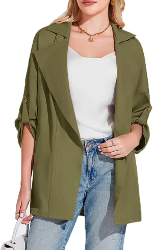 Onedreamer Women's Long Sleeve Roll Up Open Front Casual Jackets Trendy Lapel Collar Lightweight Blazer with Pockets