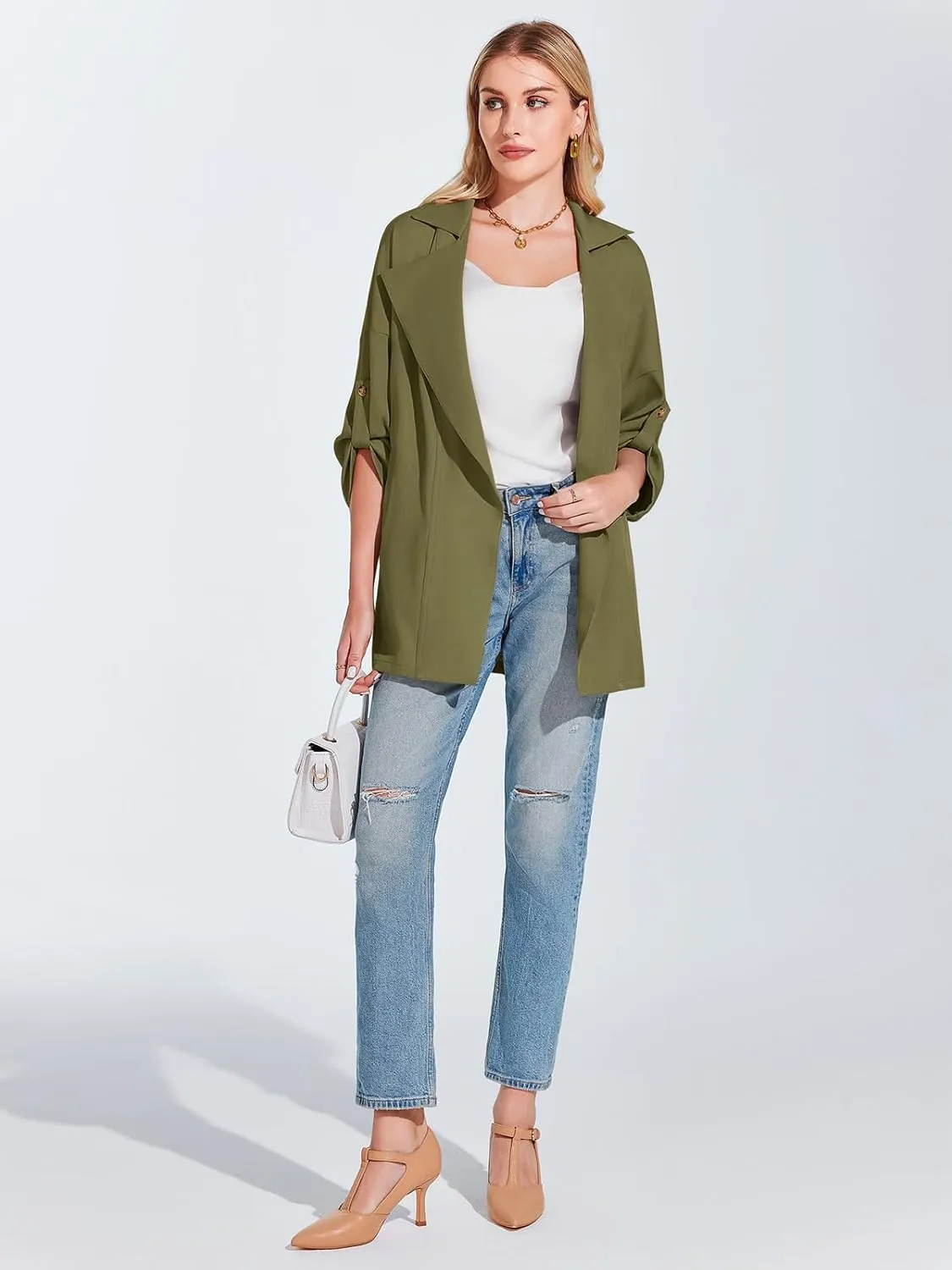 Onedreamer Women's Long Sleeve Roll Up Open Front Casual Jackets Trendy Lapel Collar Lightweight Blazer with Pockets