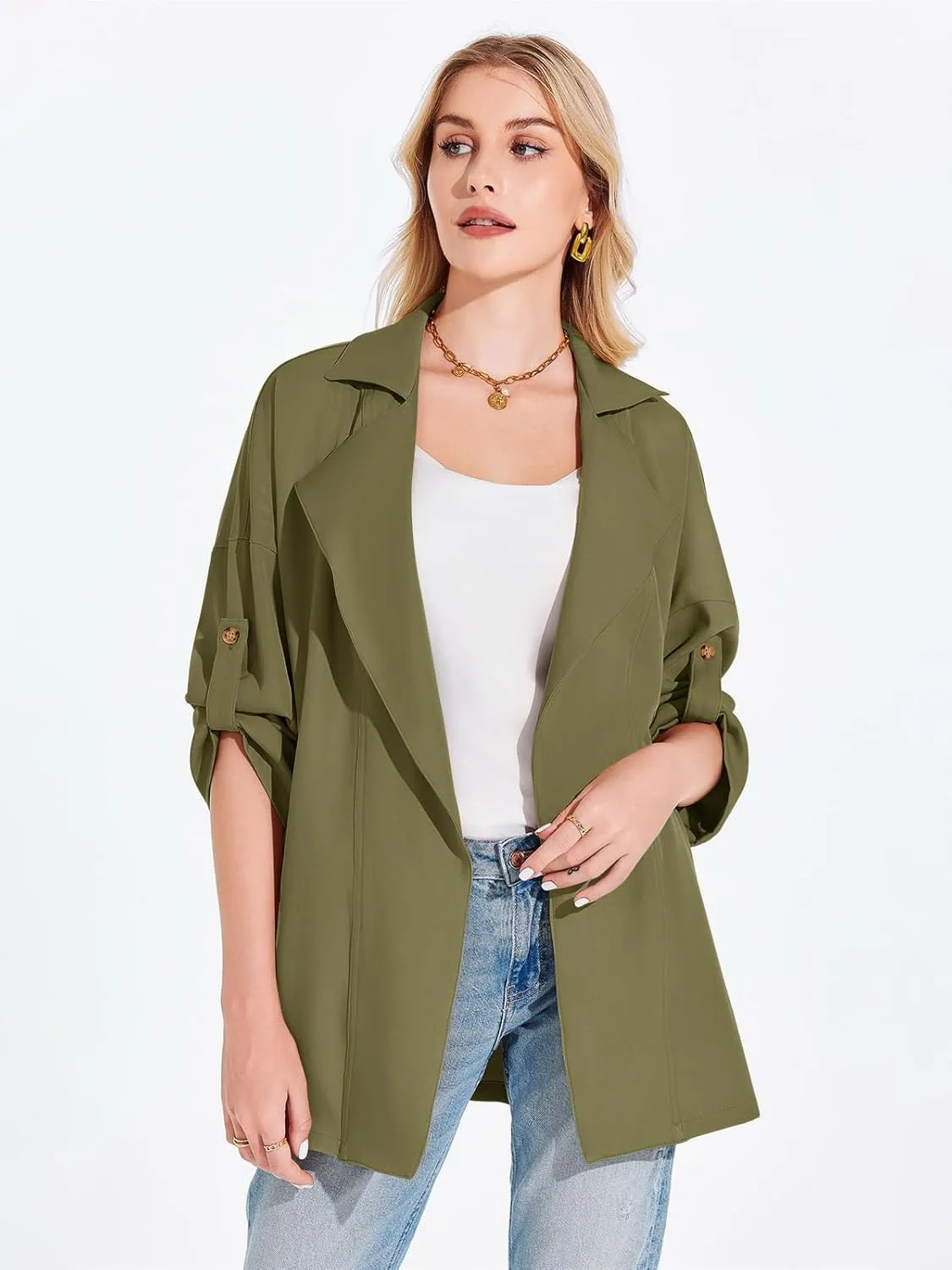 Onedreamer Women's Long Sleeve Roll Up Open Front Casual Jackets Trendy Lapel Collar Lightweight Blazer with Pockets