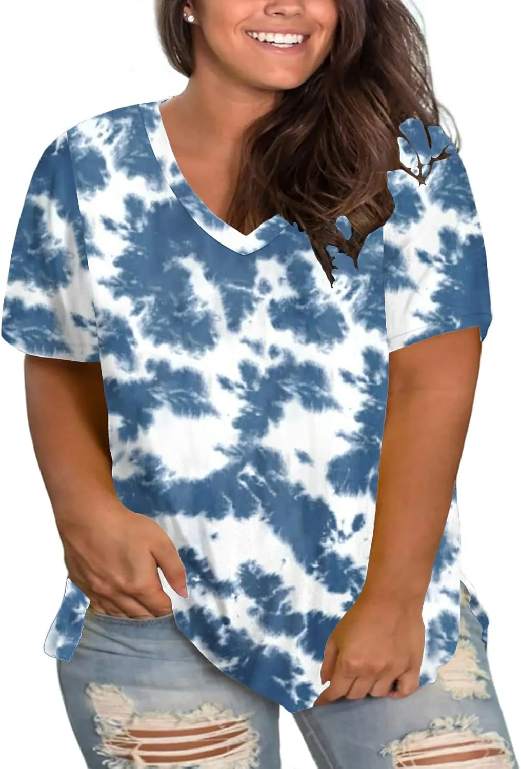 ROSRISS Womens Plus Size Short Sleeve T Shirt V Neck High Low Tops Blouse Tunics with Side Split