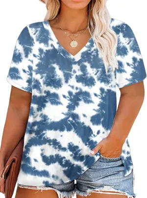 ROSRISS Womens Plus Size Short Sleeve T Shirt V Neck High Low Tops Blouse Tunics with Side Split