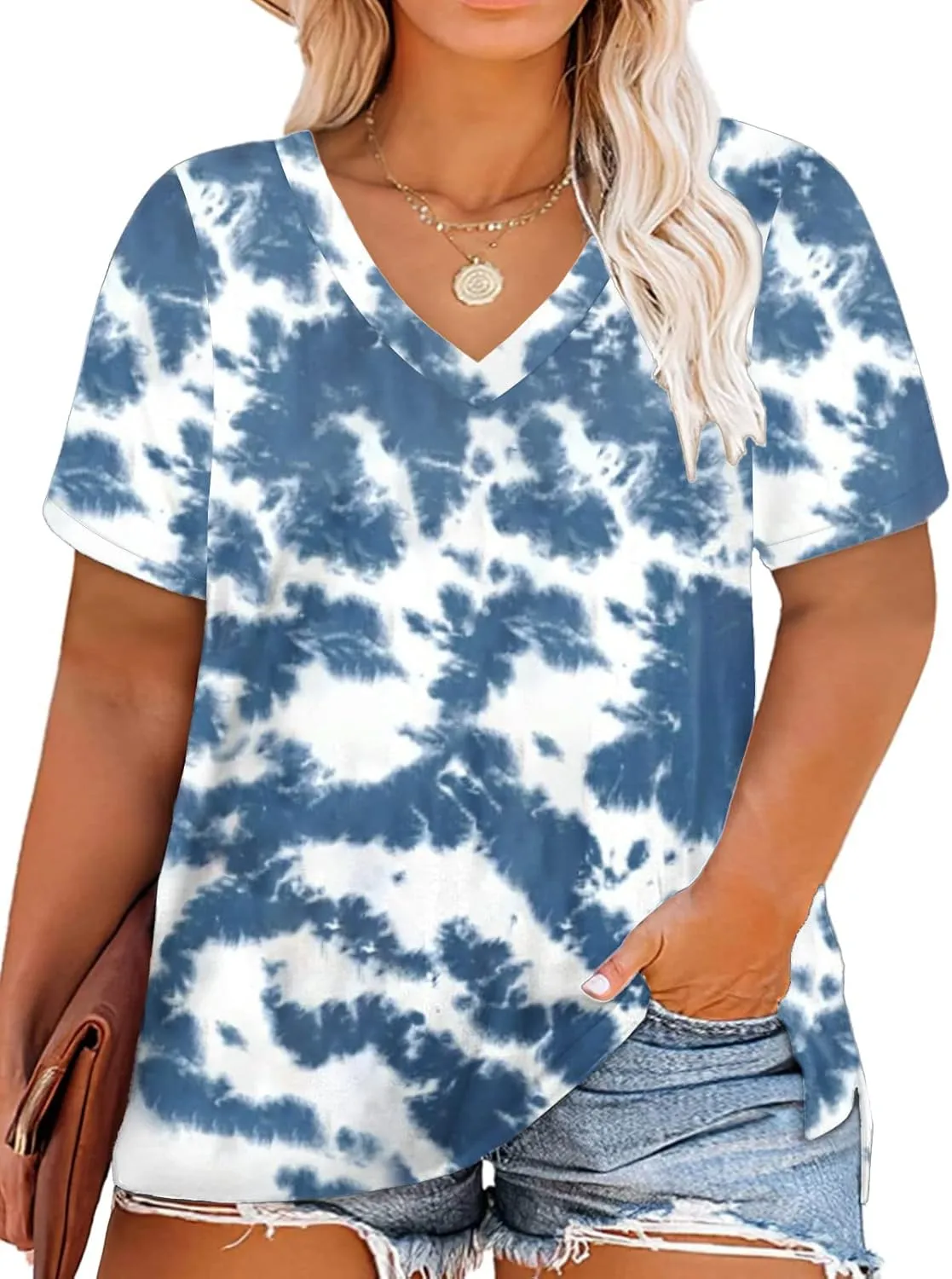 ROSRISS Womens Plus Size Short Sleeve T Shirt V Neck High Low Tops Blouse Tunics with Side Split