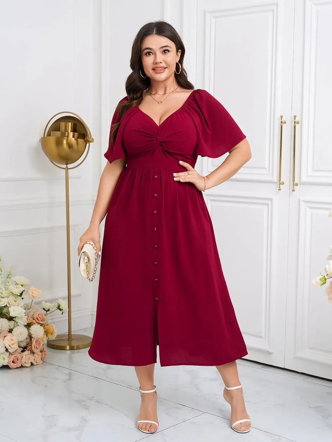 SCOMCHIC Women Plus Size Dresses Short Sleeve Sweetheart Neckline Wedding Guest Cocktail Twist Front A Line Maxi Dress
