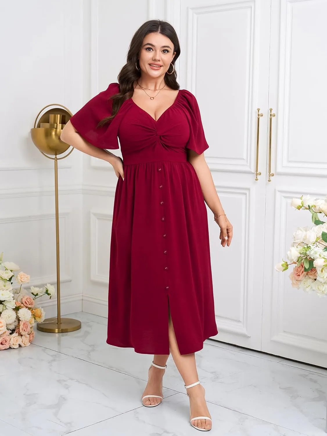 SCOMCHIC Women Plus Size Dresses Short Sleeve Sweetheart Neckline Wedding Guest Cocktail Twist Front A Line Maxi Dress