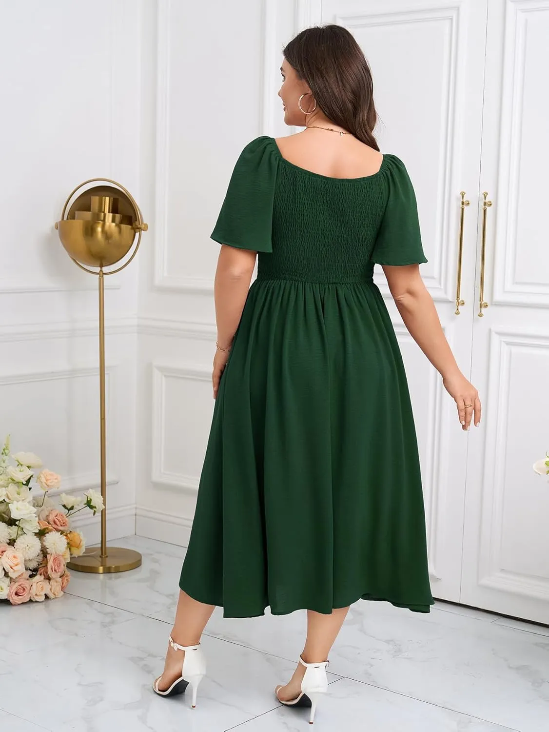 SCOMCHIC Women Plus Size Dresses Short Sleeve Sweetheart Neckline Wedding Guest Cocktail Twist Front A Line Maxi Dress