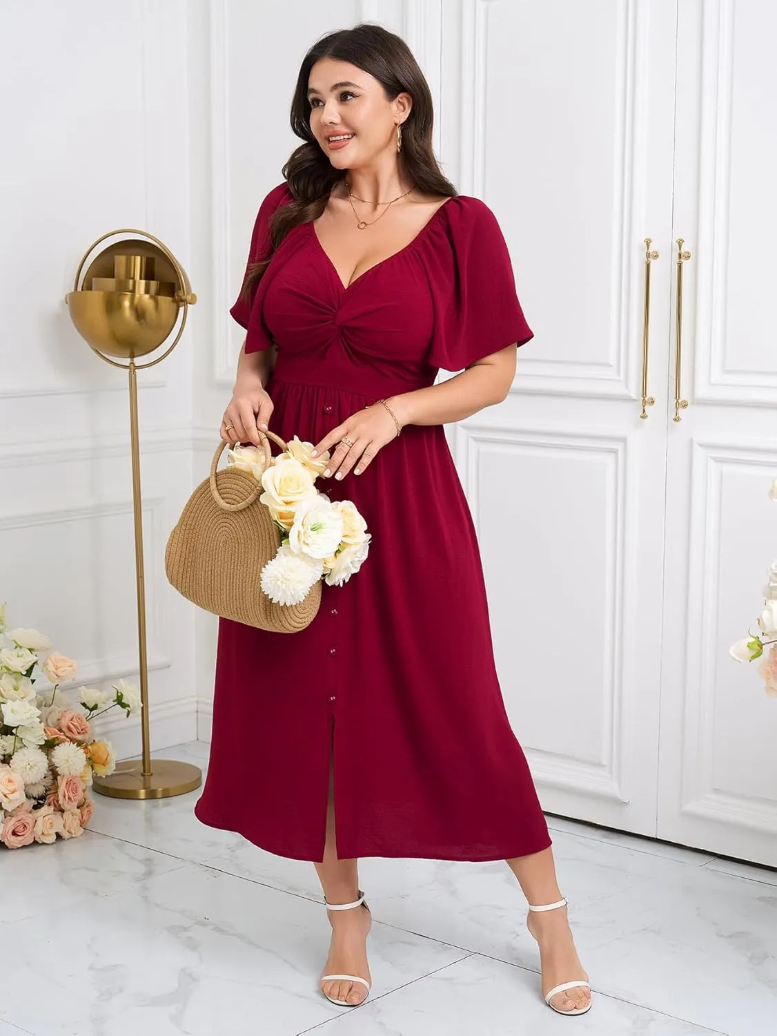 SCOMCHIC Women Plus Size Dresses Short Sleeve Sweetheart Neckline Wedding Guest Cocktail Twist Front A Line Maxi Dress
