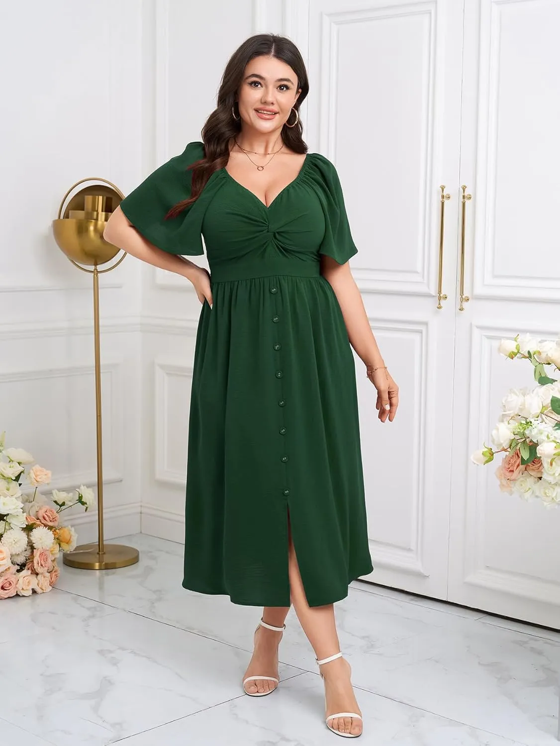 SCOMCHIC Women Plus Size Dresses Short Sleeve Sweetheart Neckline Wedding Guest Cocktail Twist Front A Line Maxi Dress
