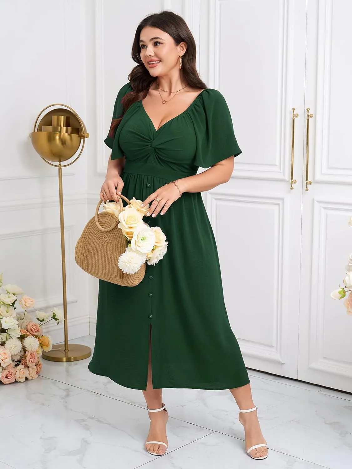 SCOMCHIC Women Plus Size Dresses Short Sleeve Sweetheart Neckline Wedding Guest Cocktail Twist Front A Line Maxi Dress
