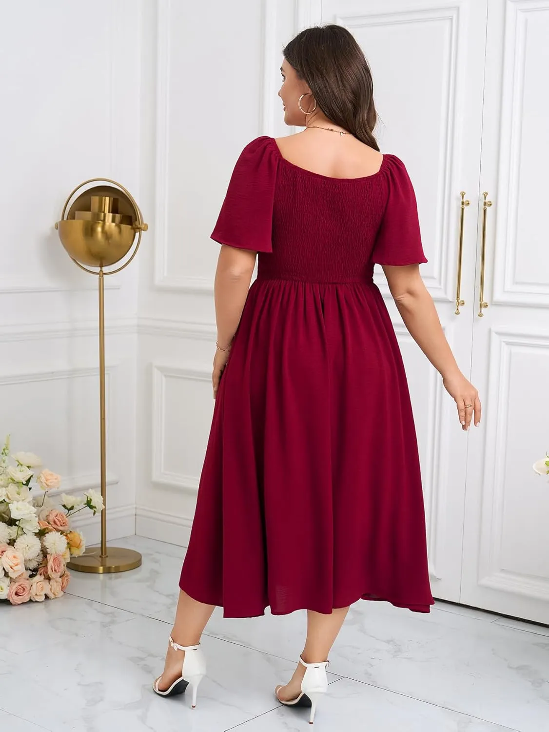 SCOMCHIC Women Plus Size Dresses Short Sleeve Sweetheart Neckline Wedding Guest Cocktail Twist Front A Line Maxi Dress