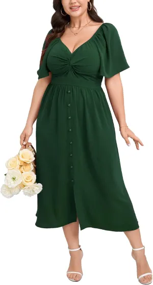 SCOMCHIC Women Plus Size Dresses Short Sleeve Sweetheart Neckline Wedding Guest Cocktail Twist Front A Line Maxi Dress