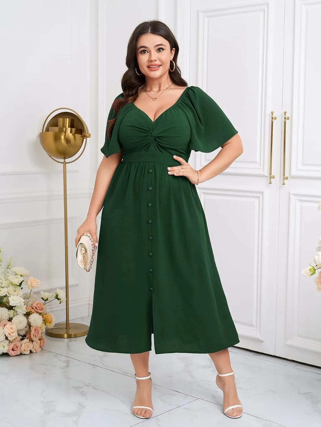 SCOMCHIC Women Plus Size Dresses Short Sleeve Sweetheart Neckline Wedding Guest Cocktail Twist Front A Line Maxi Dress