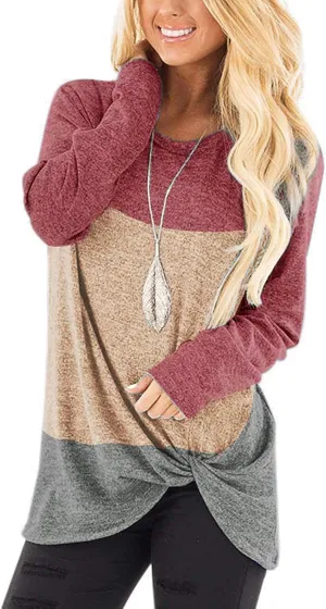 SHIBEVER Long Sleeve Women Tops: Fall Casual Tunic Shirts for Womens Round Neck Twist Knotted Tee Blouses