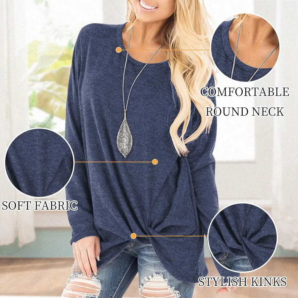 SHIBEVER Long Sleeve Women Tops: Fall Casual Tunic Shirts for Womens Round Neck Twist Knotted Tee Blouses