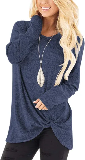 SHIBEVER Long Sleeve Women Tops: Fall Casual Tunic Shirts for Womens Round Neck Twist Knotted Tee Blouses
