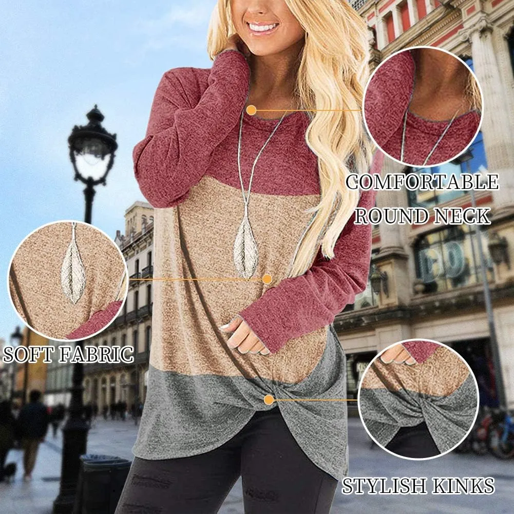 SHIBEVER Long Sleeve Women Tops: Fall Casual Tunic Shirts for Womens Round Neck Twist Knotted Tee Blouses