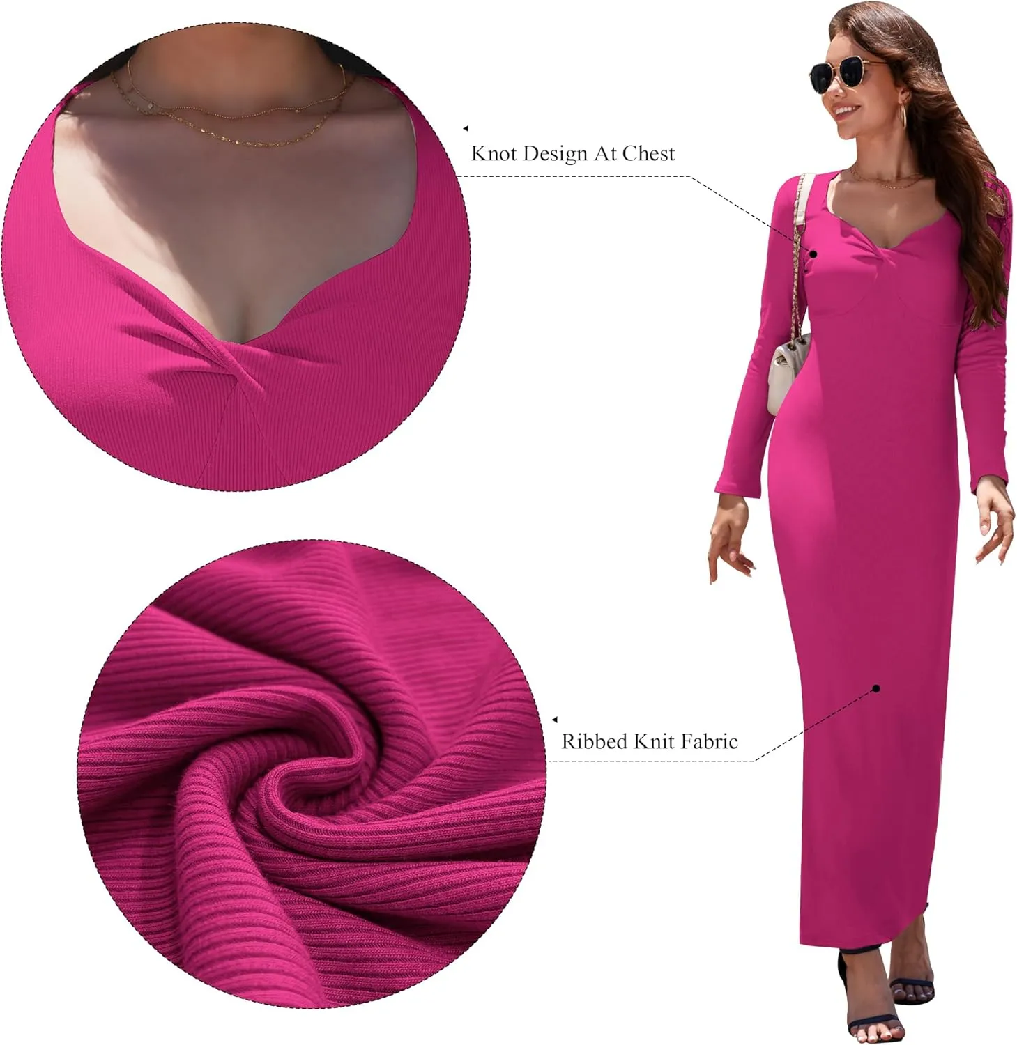 Women's Bodycon Maxi Dress Long Sleeve Ribbed Knit Twist Knot Front Dress Square Neck Elegant Formal Fall Dresses