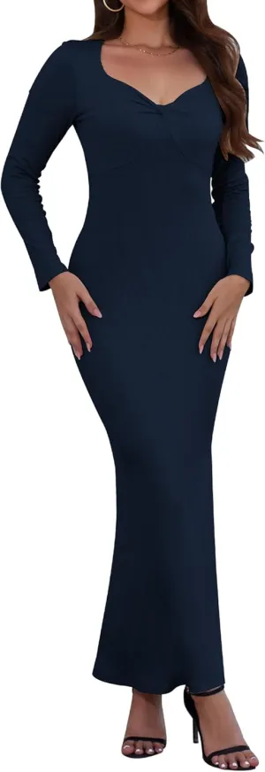 Women's Bodycon Maxi Dress Long Sleeve Ribbed Knit Twist Knot Front Dress Square Neck Elegant Formal Fall Dresses