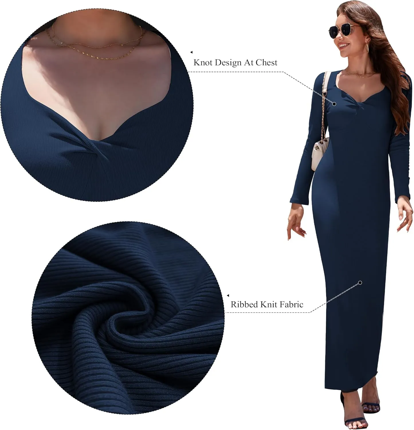 Women's Bodycon Maxi Dress Long Sleeve Ribbed Knit Twist Knot Front Dress Square Neck Elegant Formal Fall Dresses