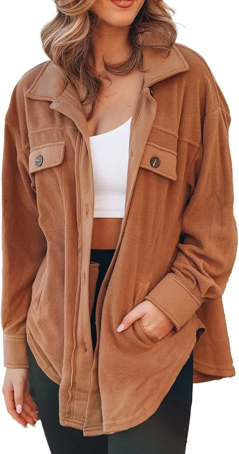 Womens Fleece Button Down Shacket Jacket Shirts Lapel Collar Long Sleeve Boyfriend Tops Casual Loose Fall Blouses